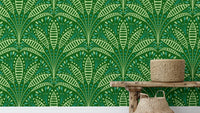 Decorative green palm mural in a chic Art Deco aesthetic.