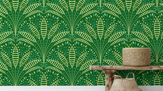 Decorative green palm mural in a chic Art Deco aesthetic. NI01
