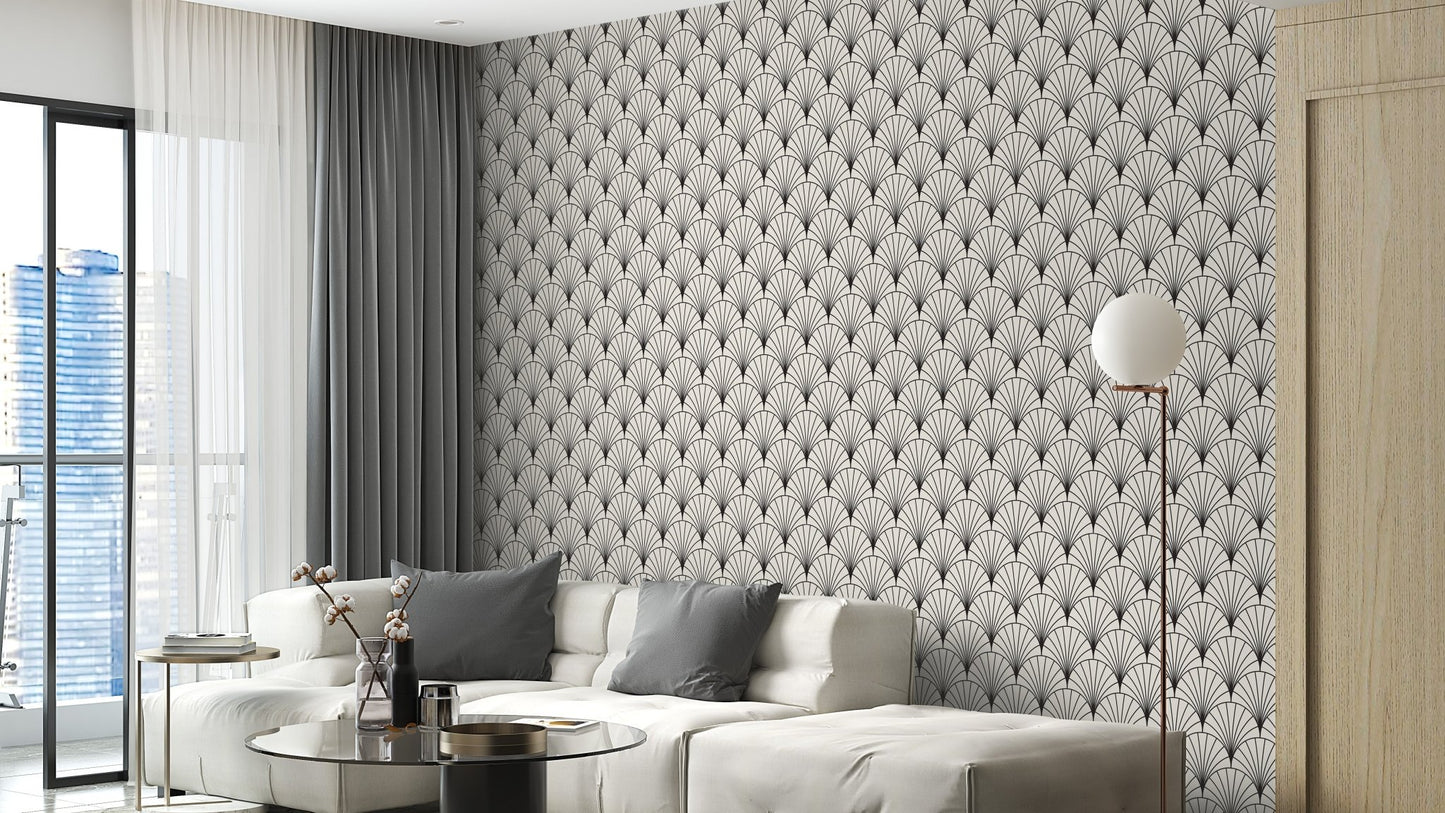 Timeless black arch-patterned mural design
