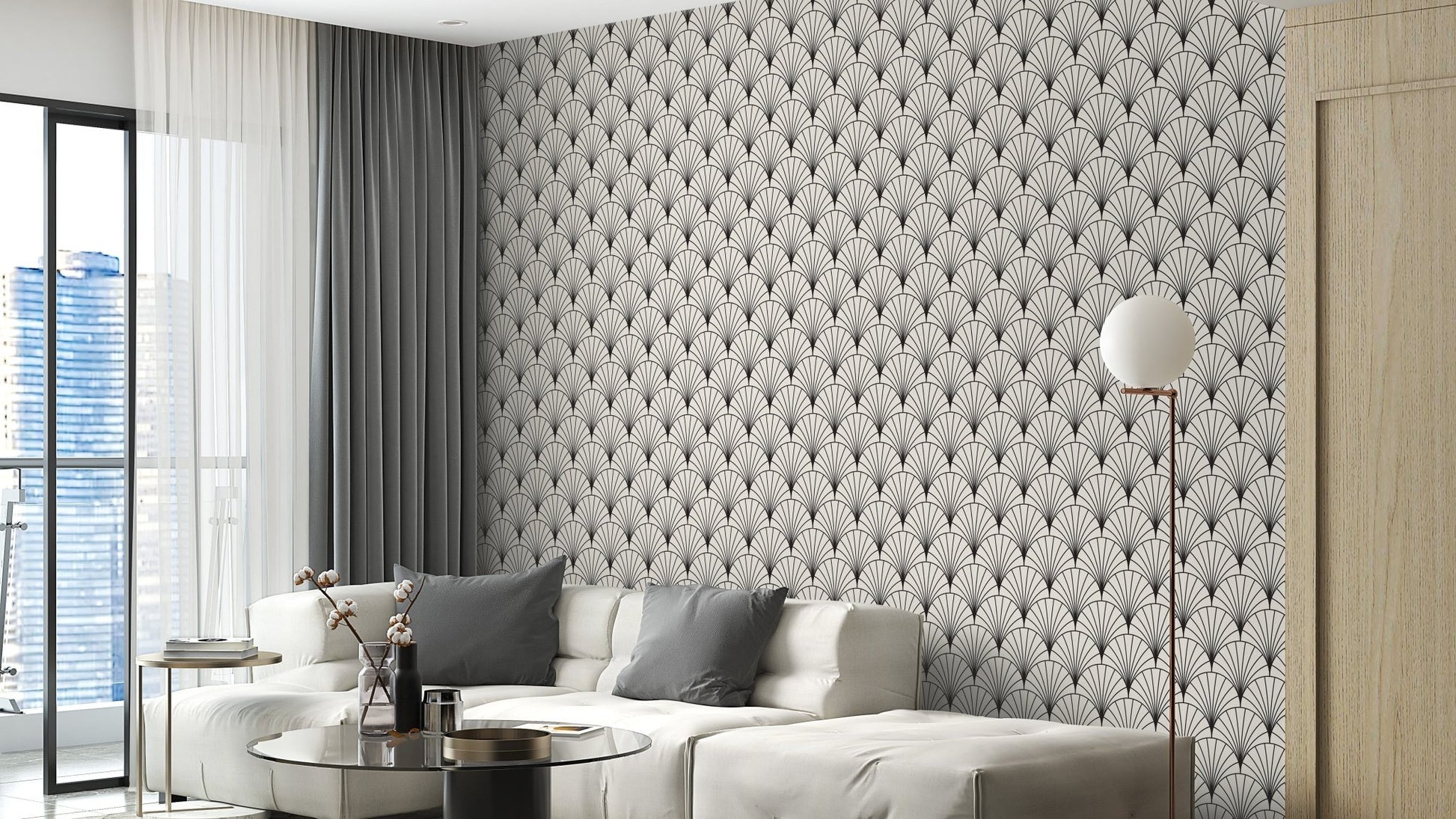 Timeless black arch-patterned mural design
