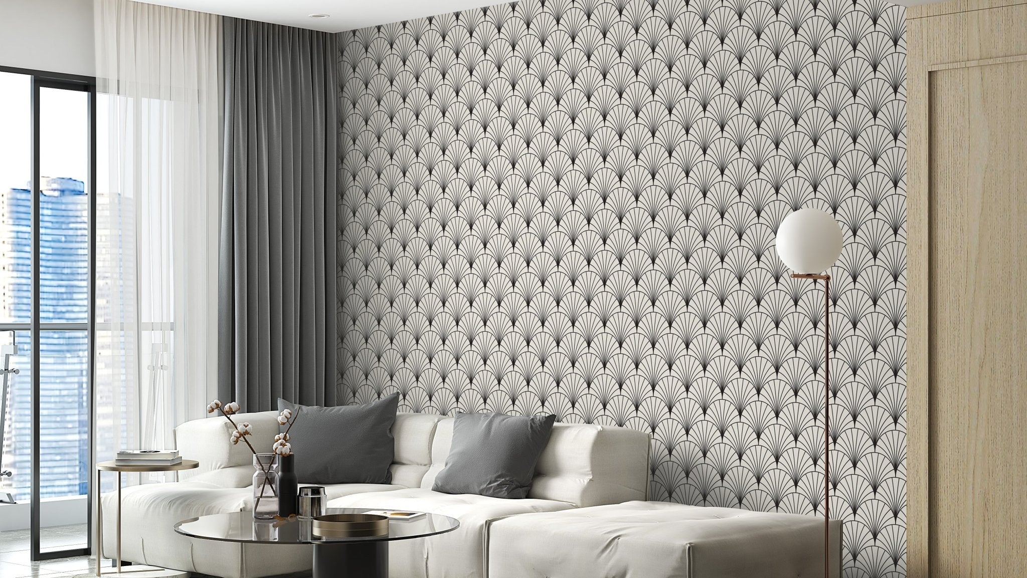 Timeless black arch-patterned mural design
