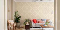 Decorative beige wallpaper with damask flair
