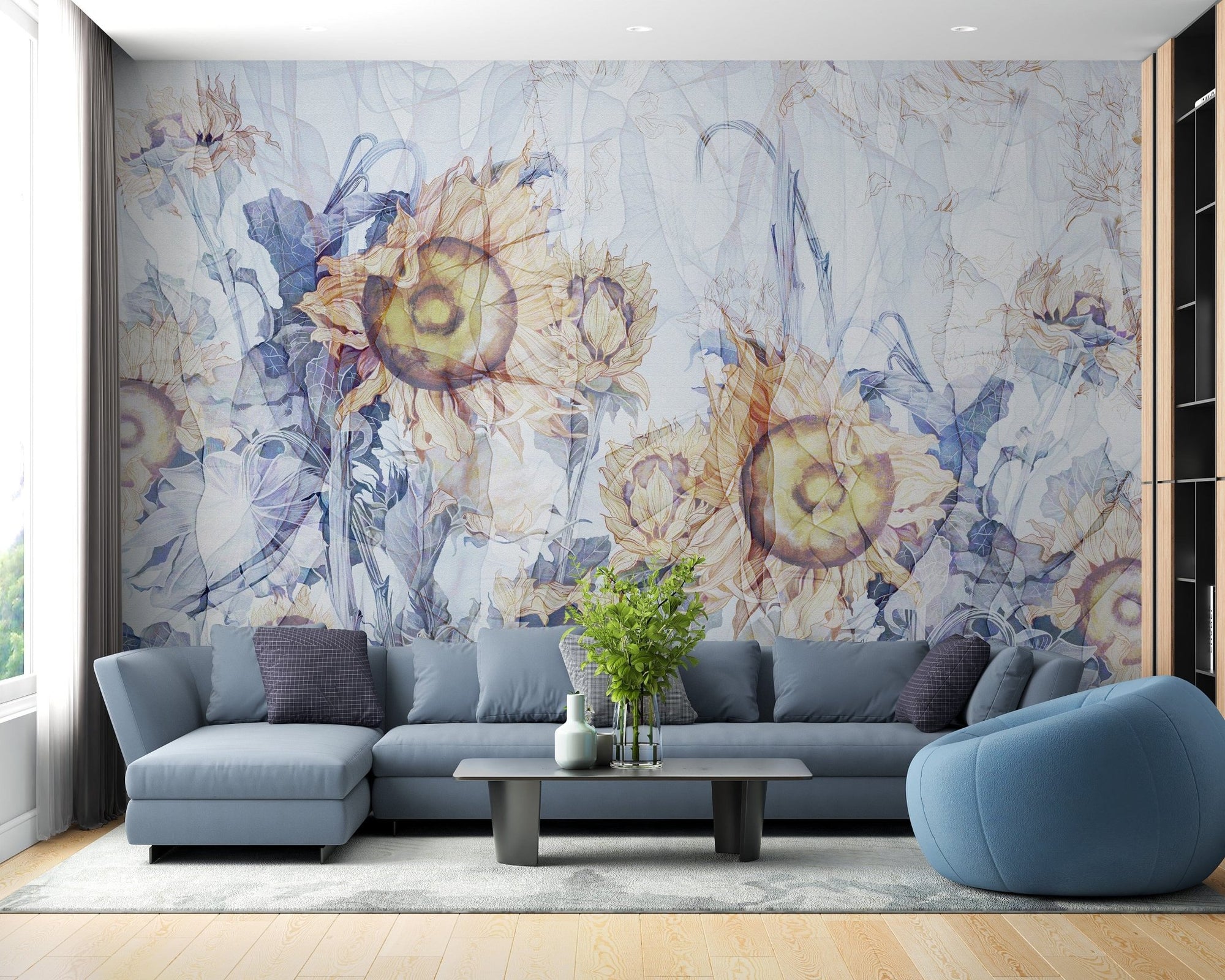 Blue and yellow sunflower wallpaper design A136