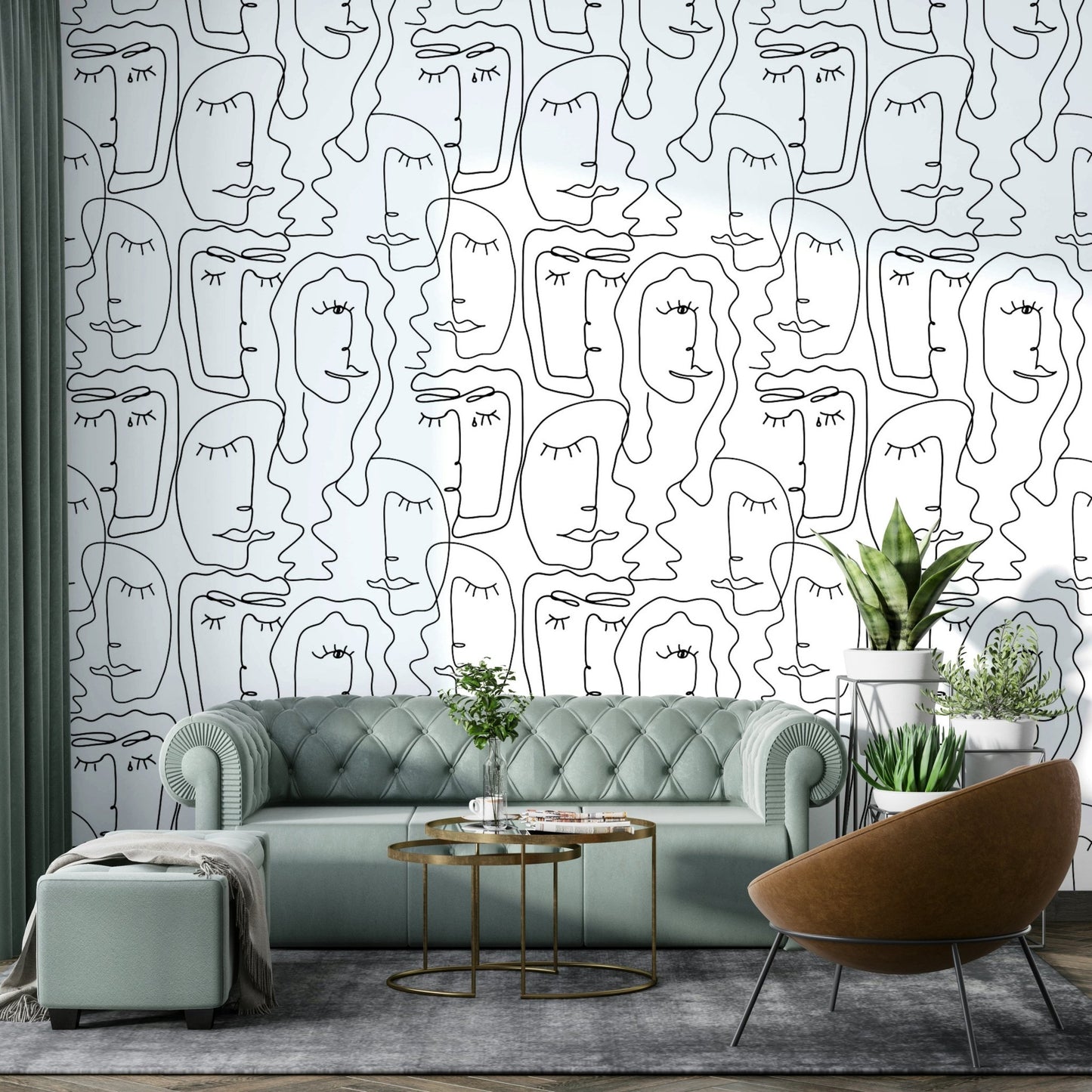 Artistic Faces Wallpaper on a living room wall

