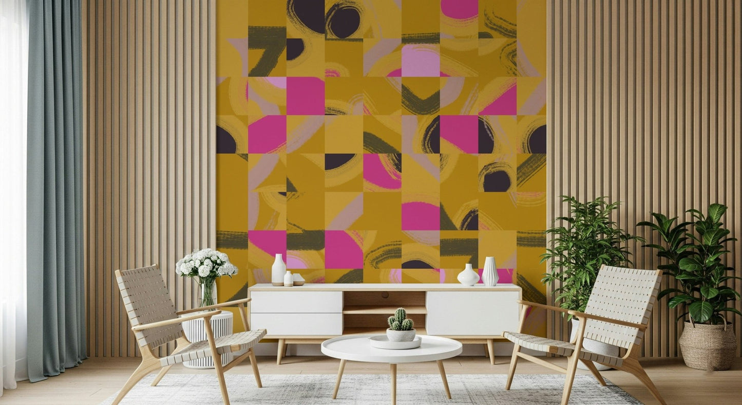 Bold Artistic Tile Play mustard pink purple tile wall covering.