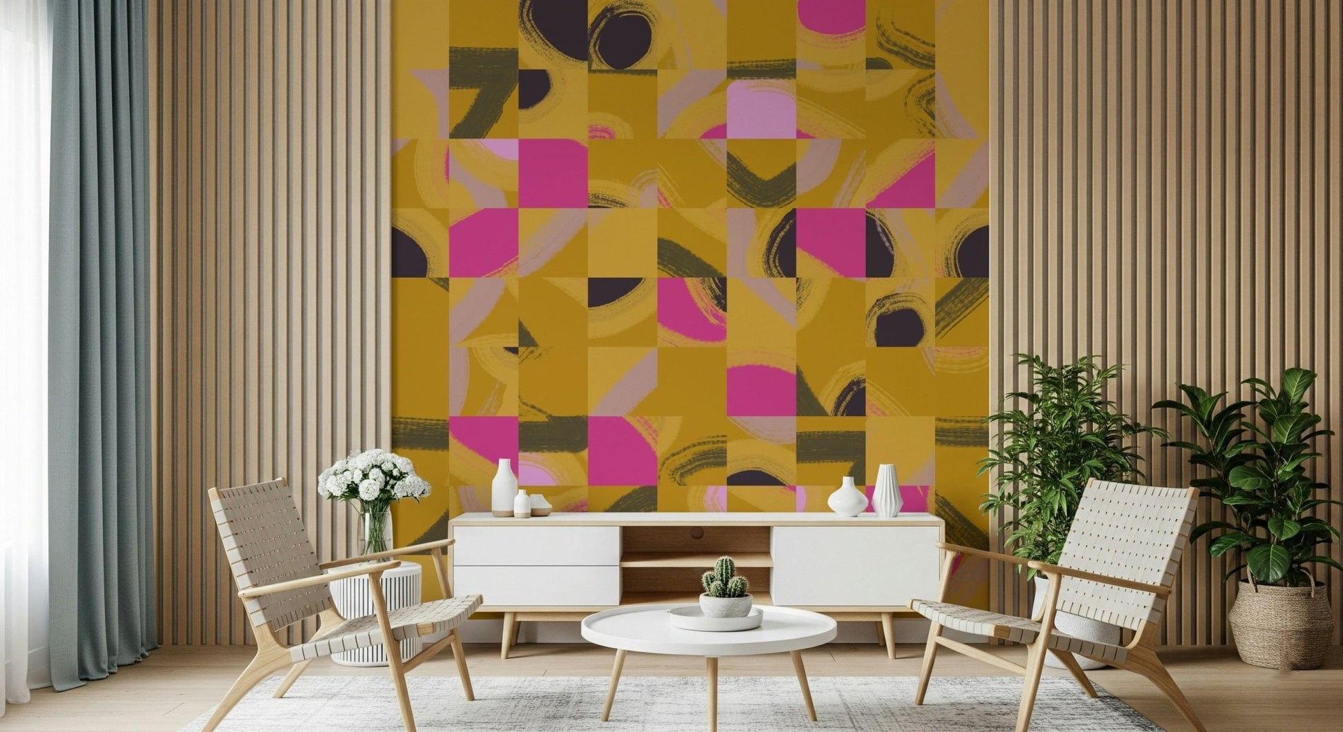 Bold Artistic Tile Play mustard pink purple tile wall covering.