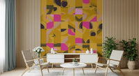 Bold Artistic Tile Play mustard pink purple tile wall covering.