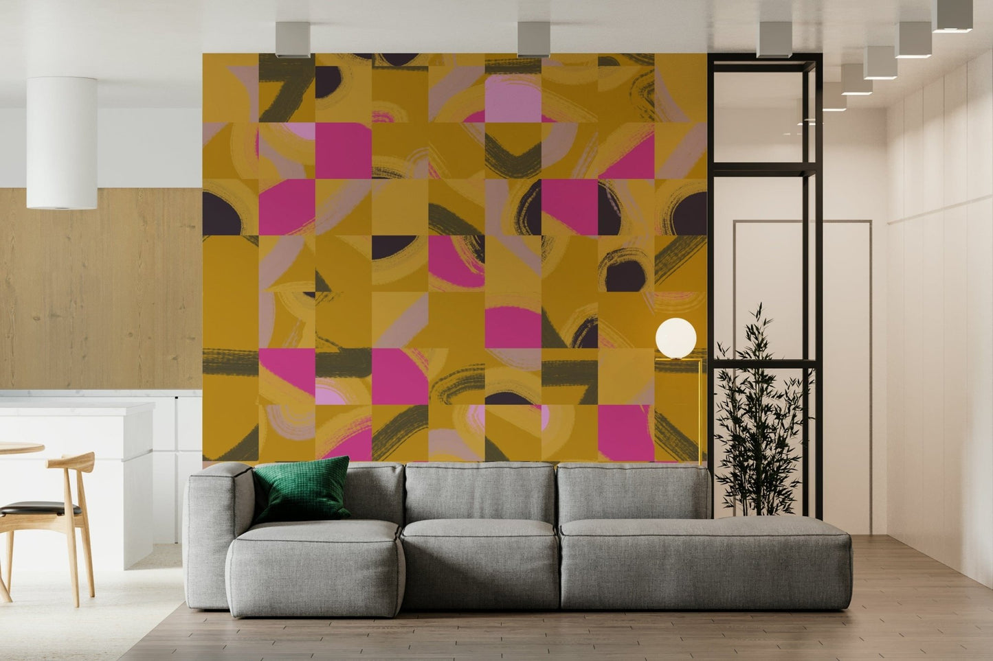 Artistic Tile Play stylish painted grid wall covering mural look.