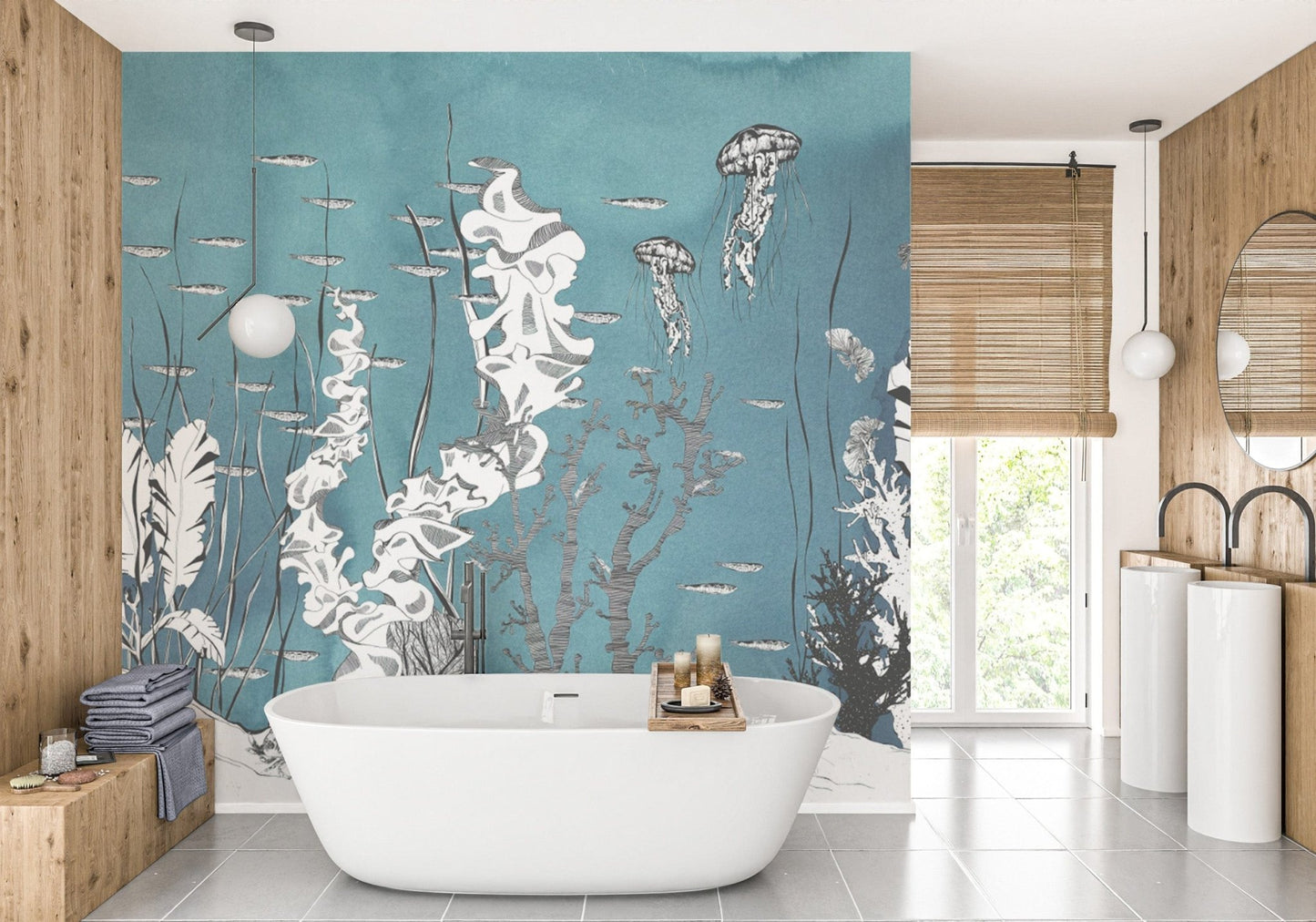 Artistic marine wallpaper with sea plants
