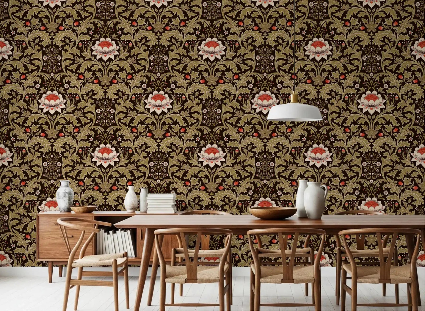 Dining room dresses up with the heritage botanical tapestry wallpaper
GD9570