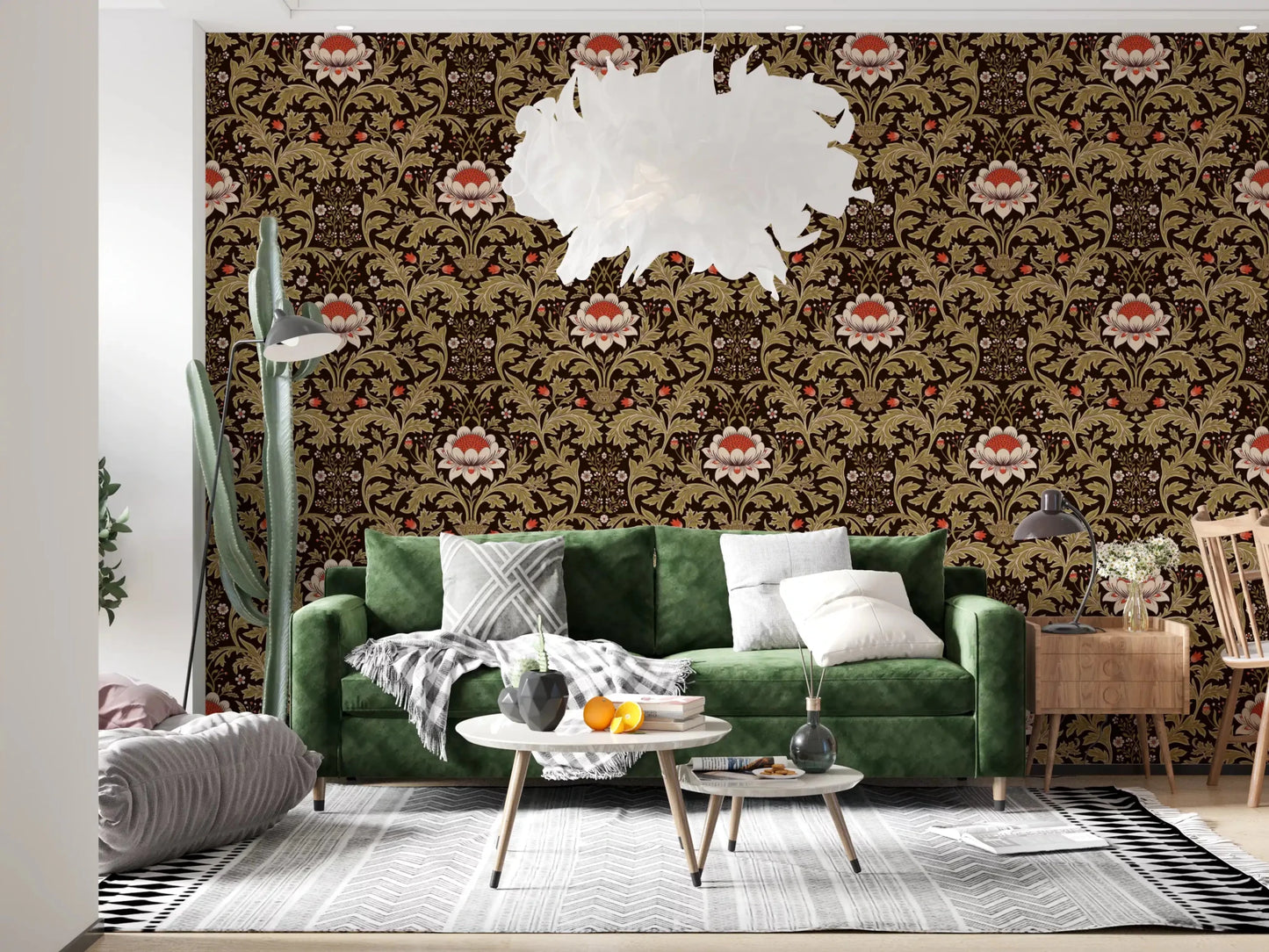 Tiny red flower buds and trailing vines fill the gaps in this tapestry wallpaper
⁠GD9570