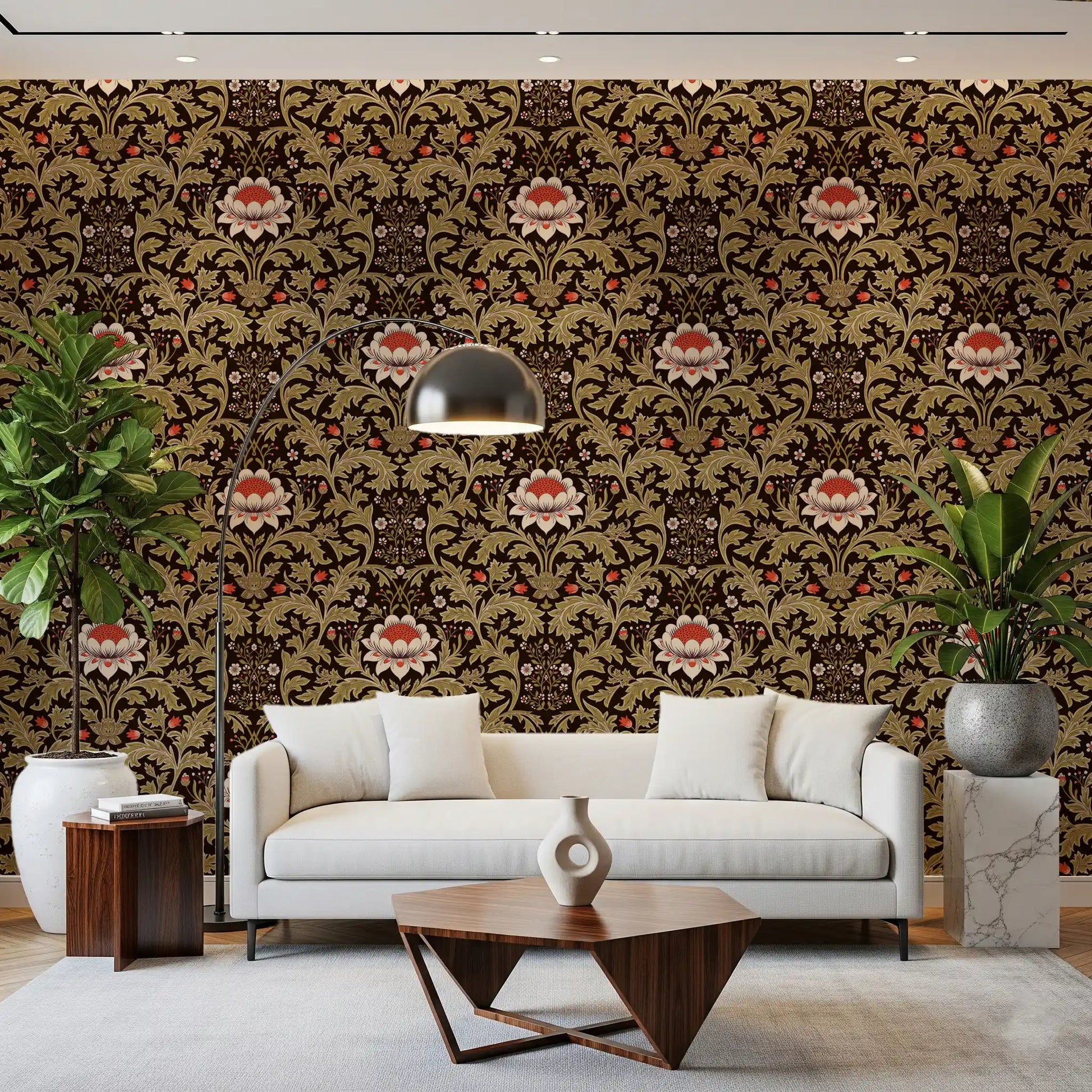 Cream lotus blooms anchor each block of this Crafts Botanical Tapestry wallpaperGD9570