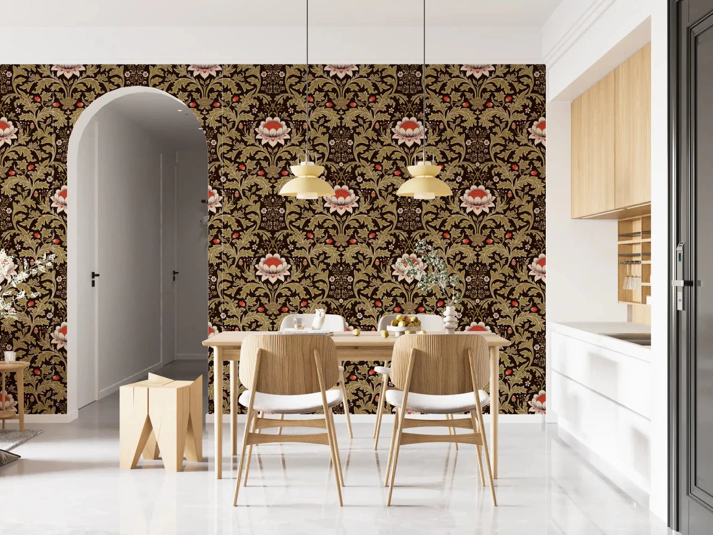 Olive-green scrolls curl outward between flowers on the heritage botanical wallpaperGD9570