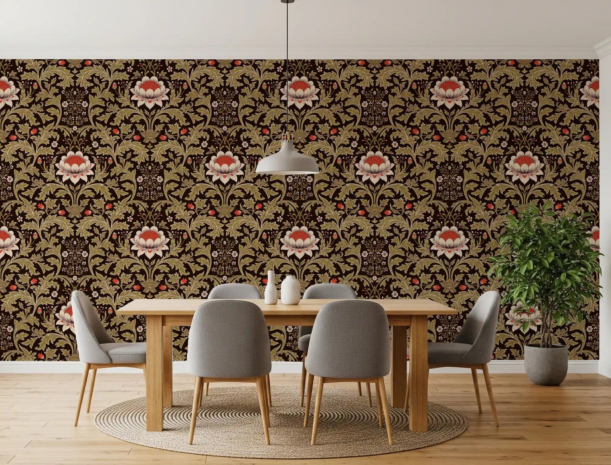Across the dining room, leafy scrolls layer through the botanical wallpaper
GD9570