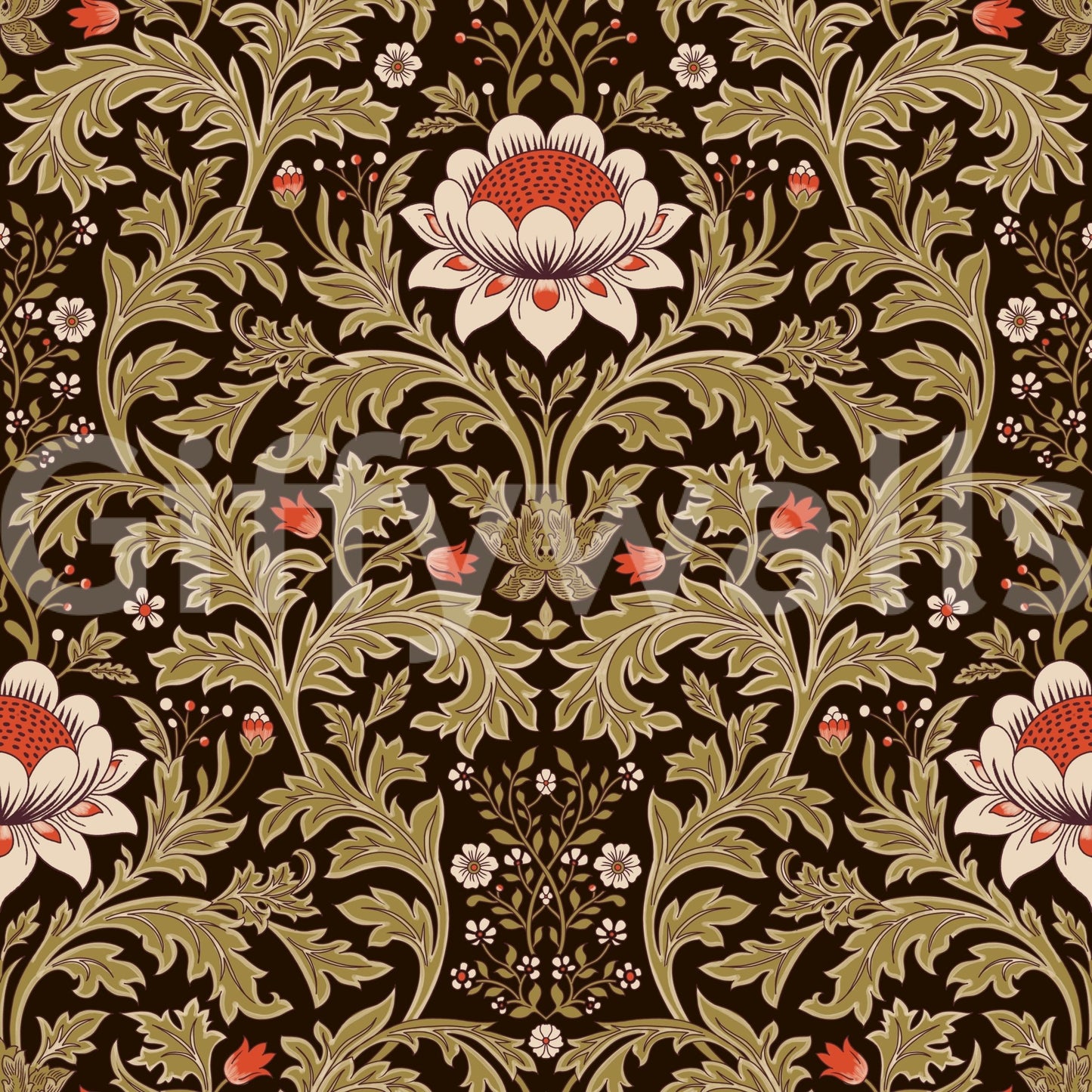 Deep brown ground anchors ivory creams and warm reds across this tapestry wallpaper⁠GD9570