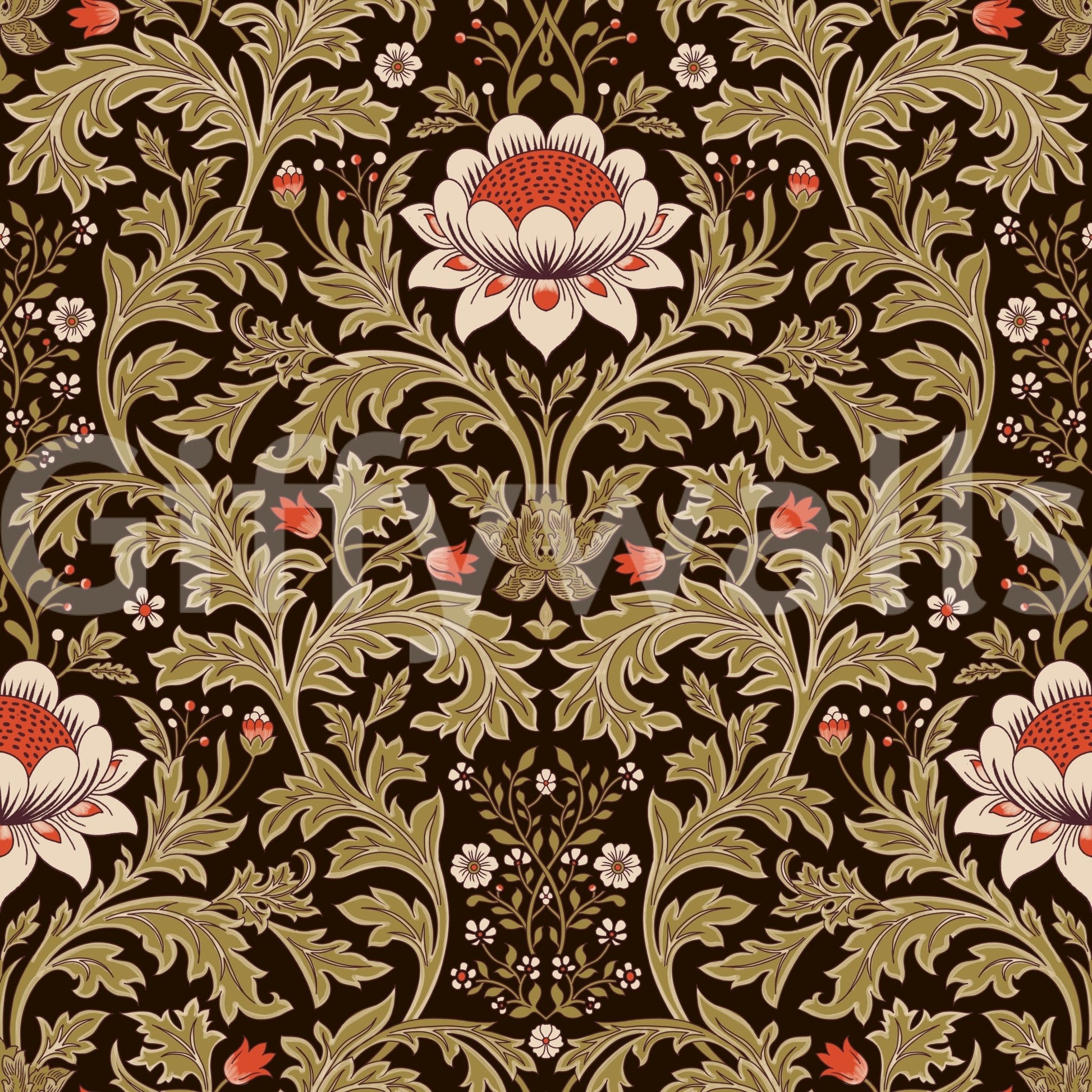 Deep brown ground anchors ivory creams and warm reds across this tapestry wallpaper⁠GD9570