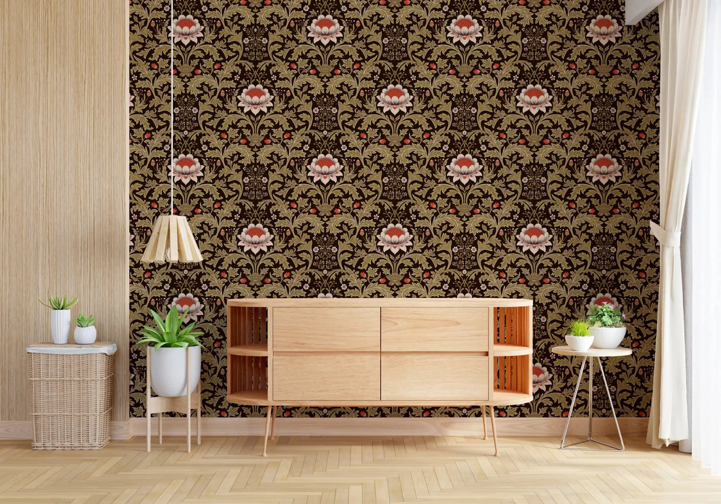 Hallway picks up warmth from the deep brown botanical tapestry wallpaper
⁠GD9570