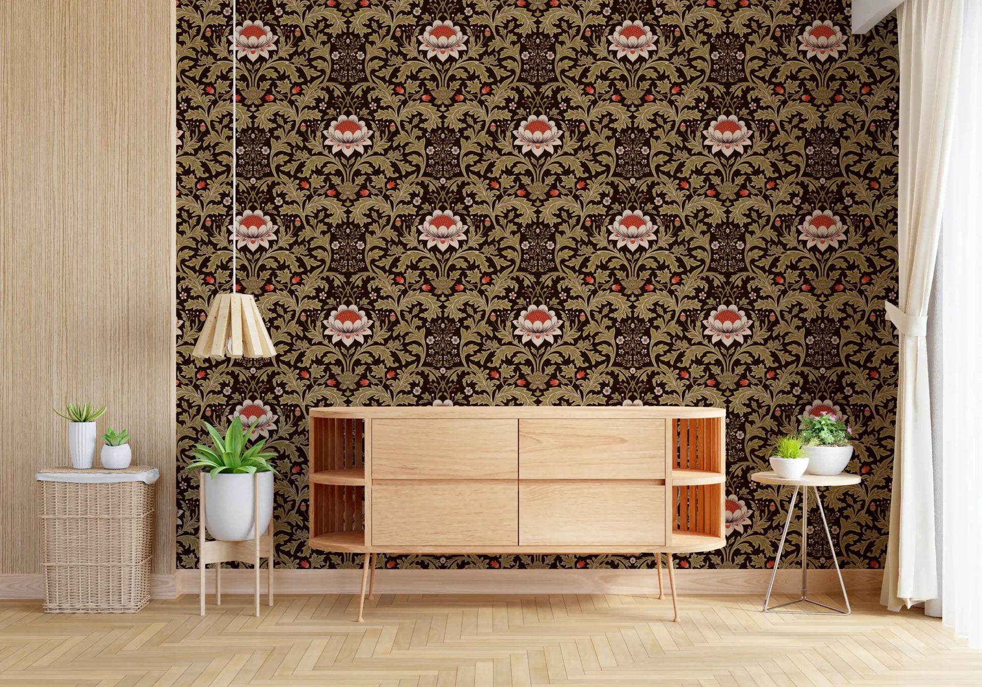 Hallway picks up warmth from the deep brown botanical tapestry wallpaper
⁠GD9570