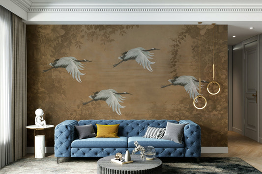 An elegant wall mural with a pattern of birds and cherry blossoms.

