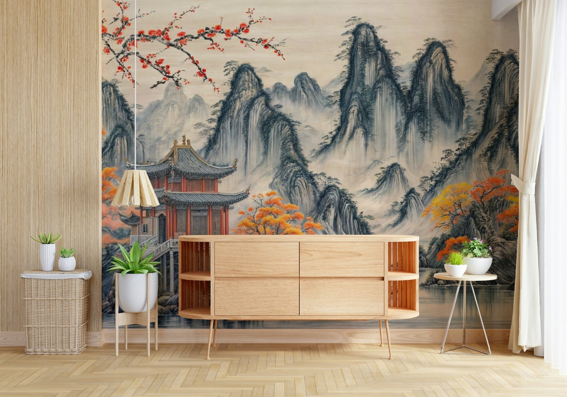 Minimalist living room featuring oriental garden wallpaper mural Asian Serenity Wall Mural