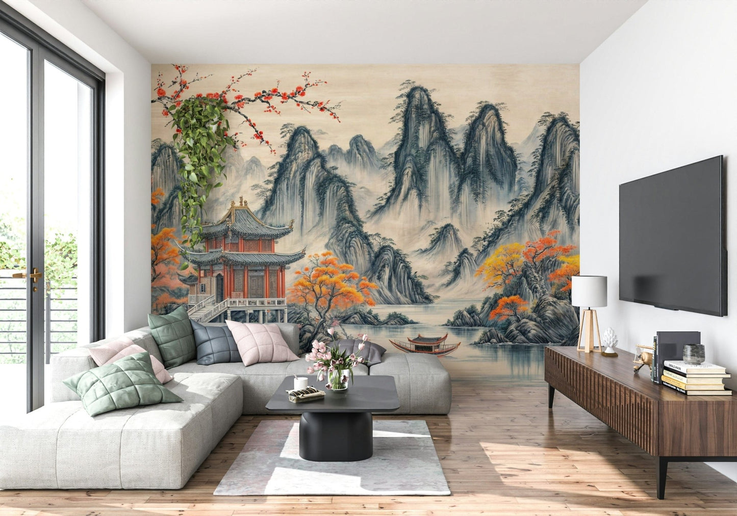 Asian Serenity Wall Mural hand-painted style for a study wallpaper mural