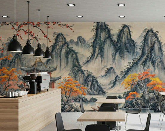 Traditional ink wash wallpaper mural for an office feature wall Asian Serenity Wall Mural, GD7655