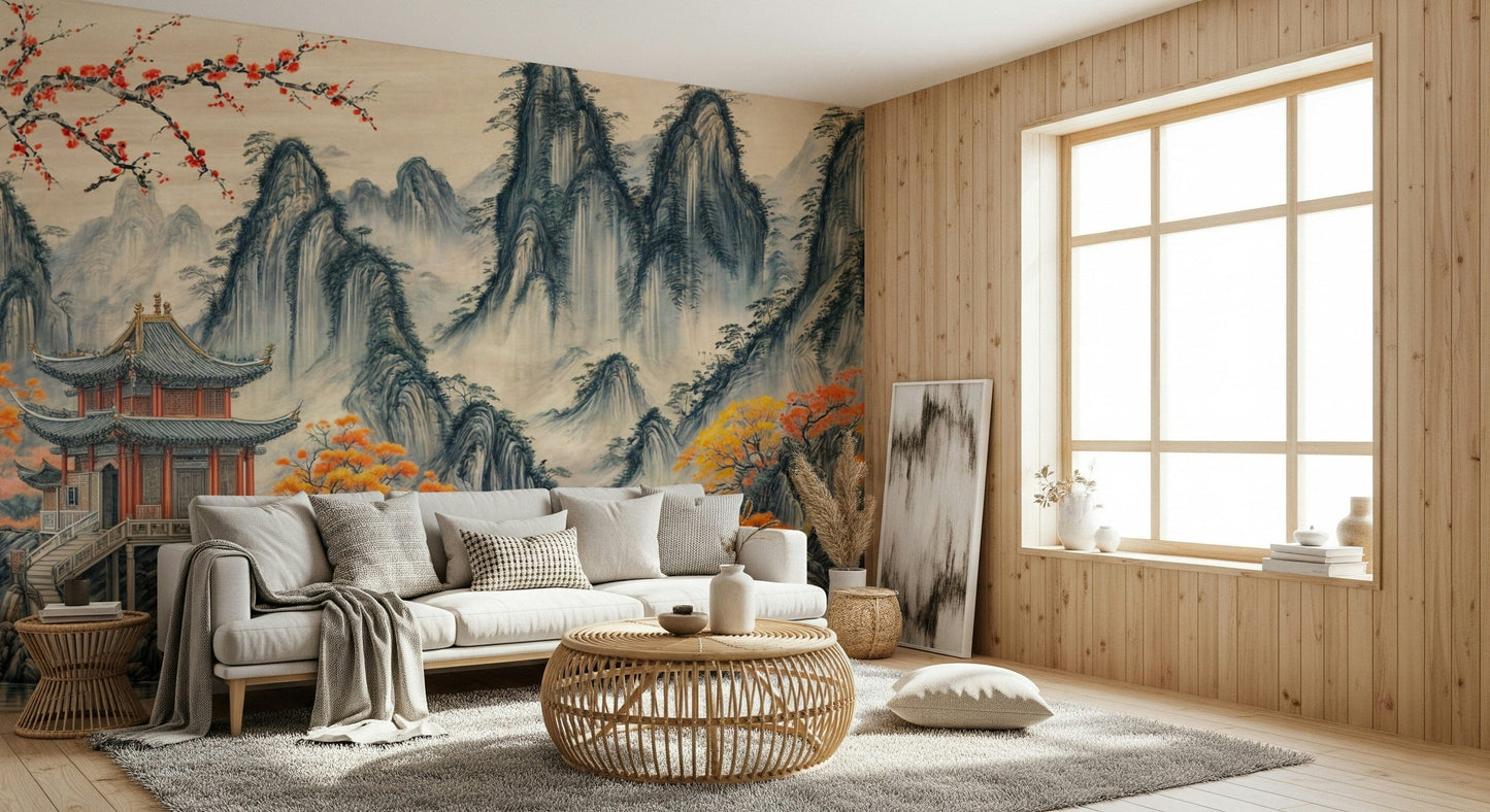 Asian Serenity Wall Mural soft mist mountains for a peaceful wallpaper mural