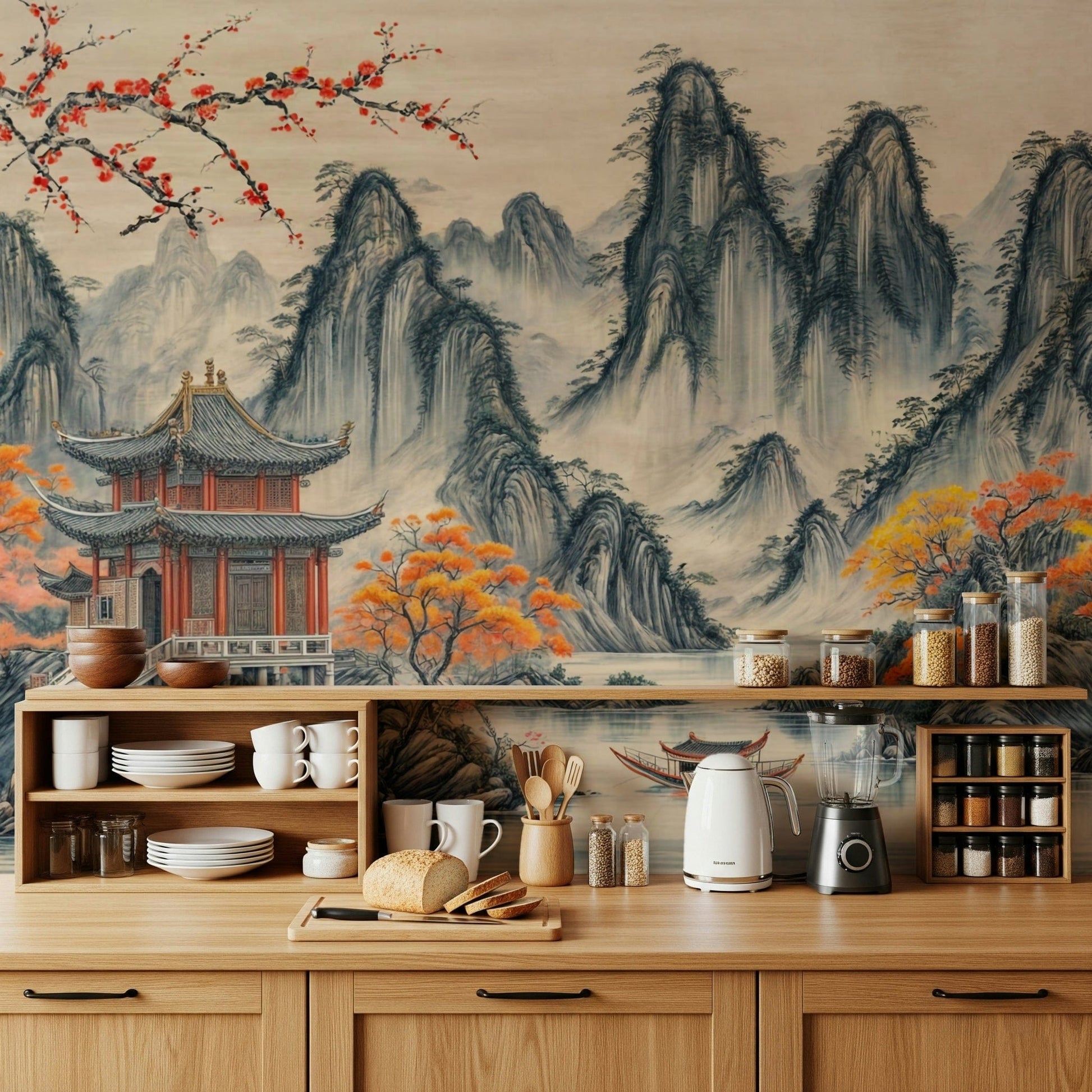 Calm water scene wallpaper mural for a bathroom Asian Serenity Wall Mural
