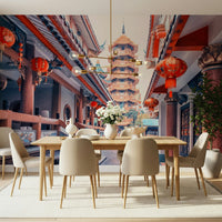 Elegant structure Asian Temple Vista peel and stick wallpaper.