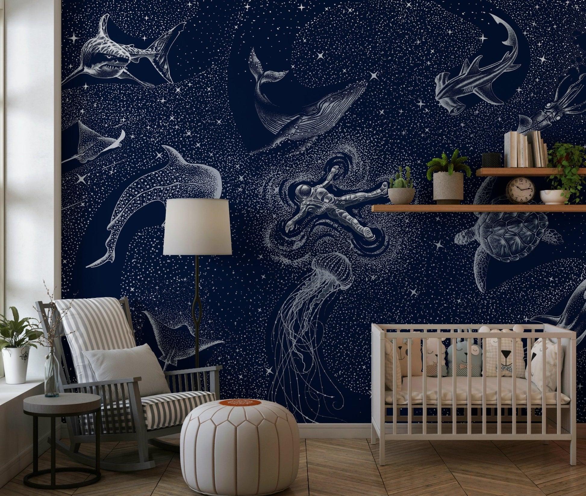 A beautiful cosmic ocean wallpaper mural with stars and galaxies.
