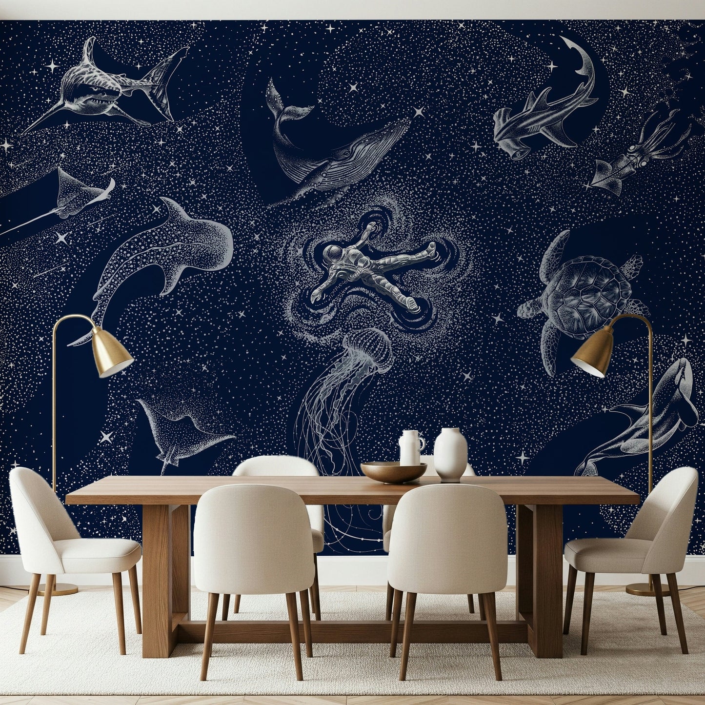A serene abstract sea wall mural with celestial elements.