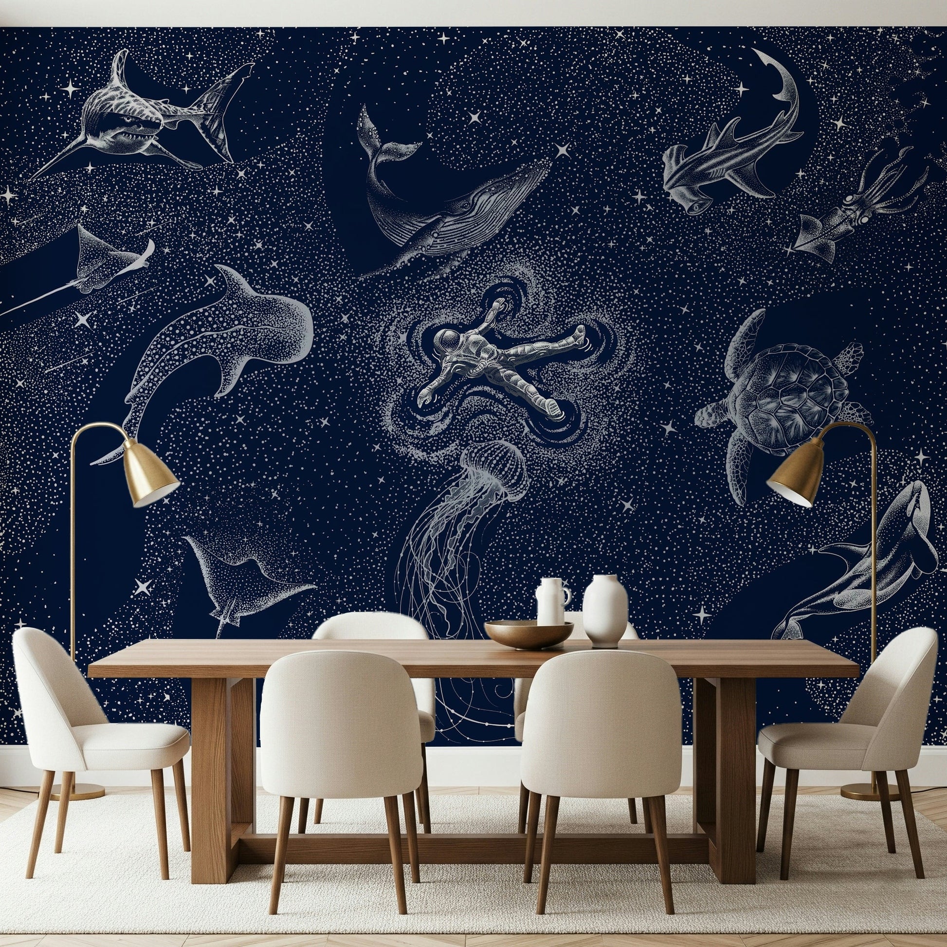 A serene abstract sea wall mural with celestial elements.