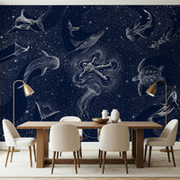 A serene abstract sea wall mural with celestial elements.