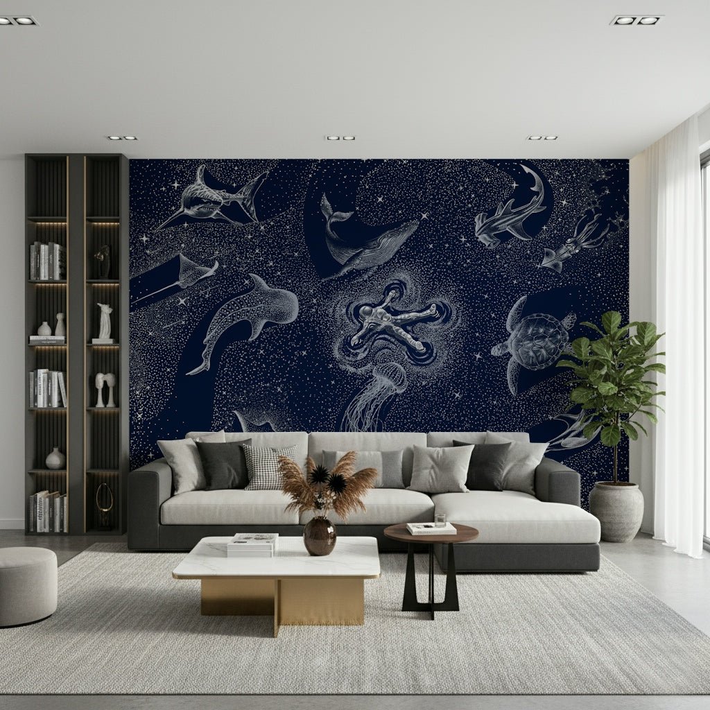A calming abstract design wallpaper mural that defines a space.