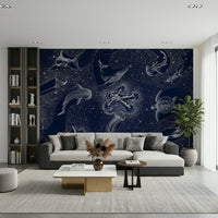 A calming abstract design wallpaper mural that defines a space.