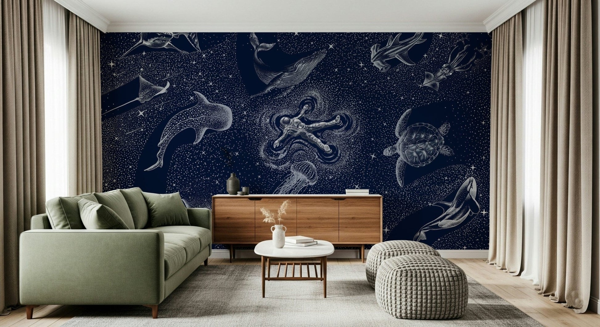 A contemplative starry night wallpaper mural for a feature wall.