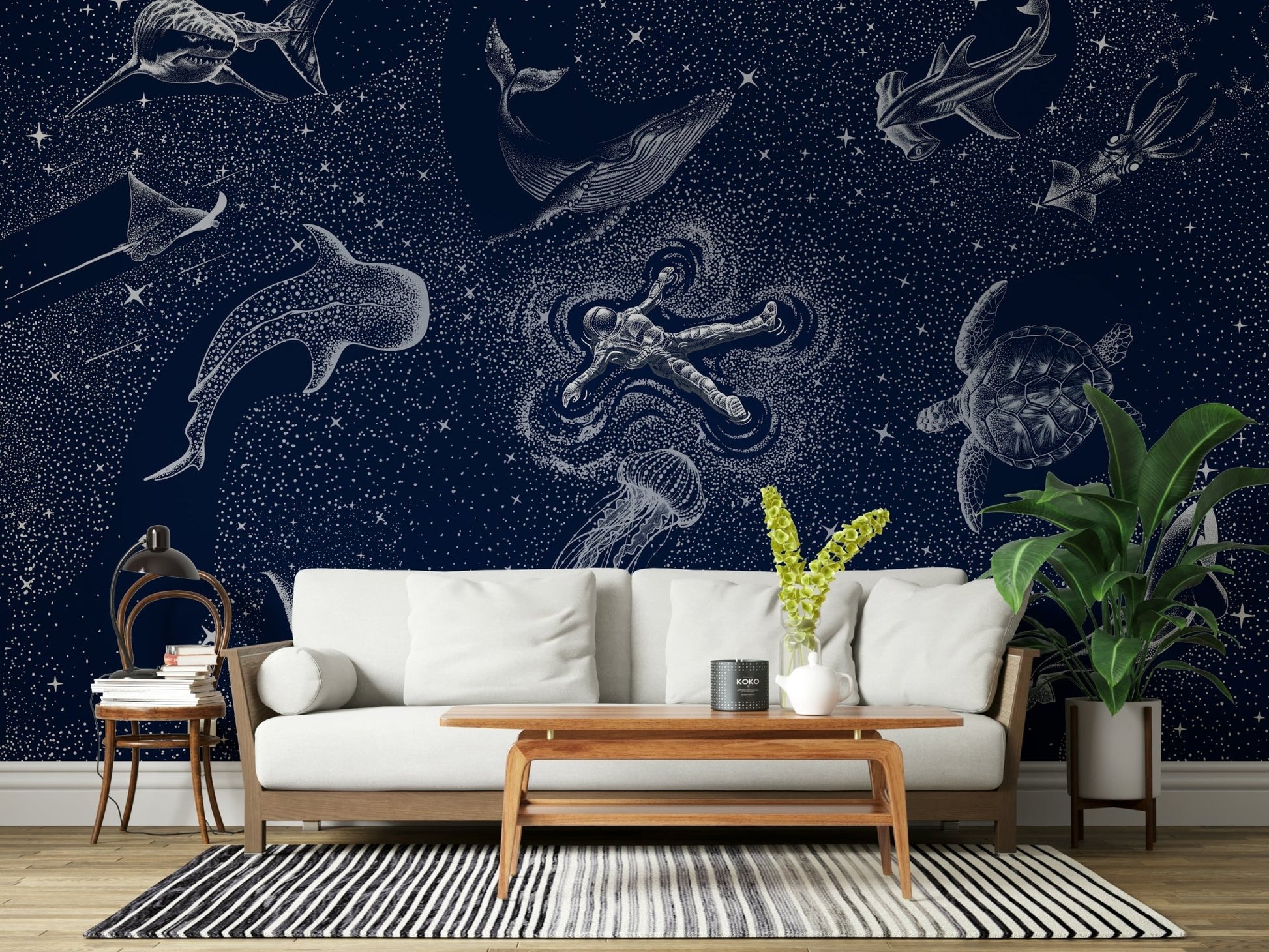 A beautiful wide-angle wall mural of a celestial sea.