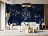 A peaceful open ocean mural on decorative wallpaper.