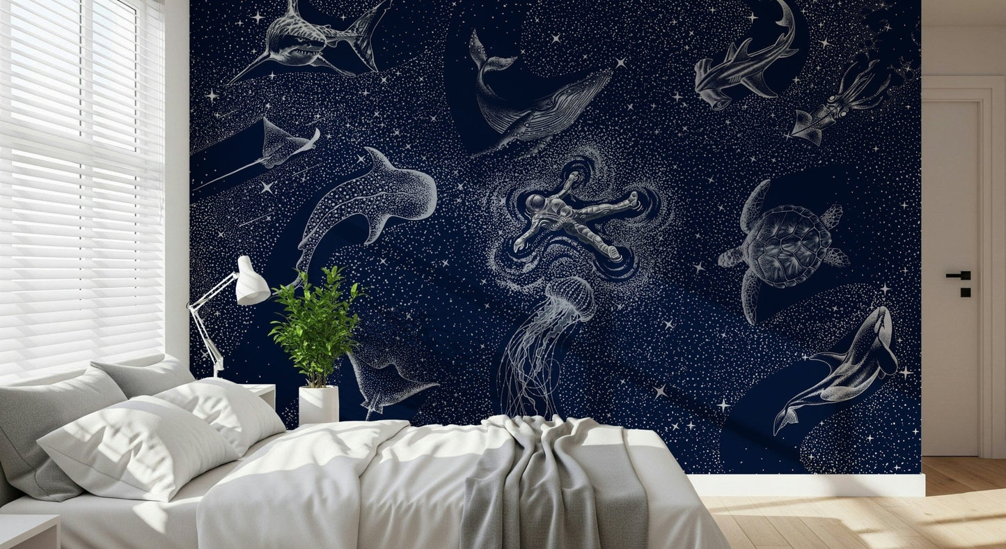 An artistic astral landscape mural on minimalist wallpaper.