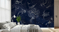 An artistic astral landscape mural on minimalist wallpaper.