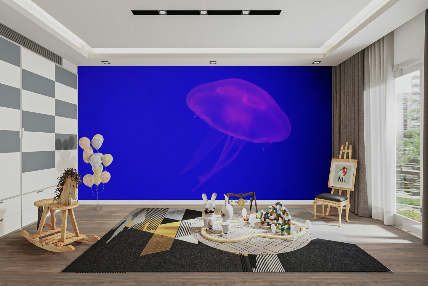 A peaceful underwater world mural on decorative wallpaper.

