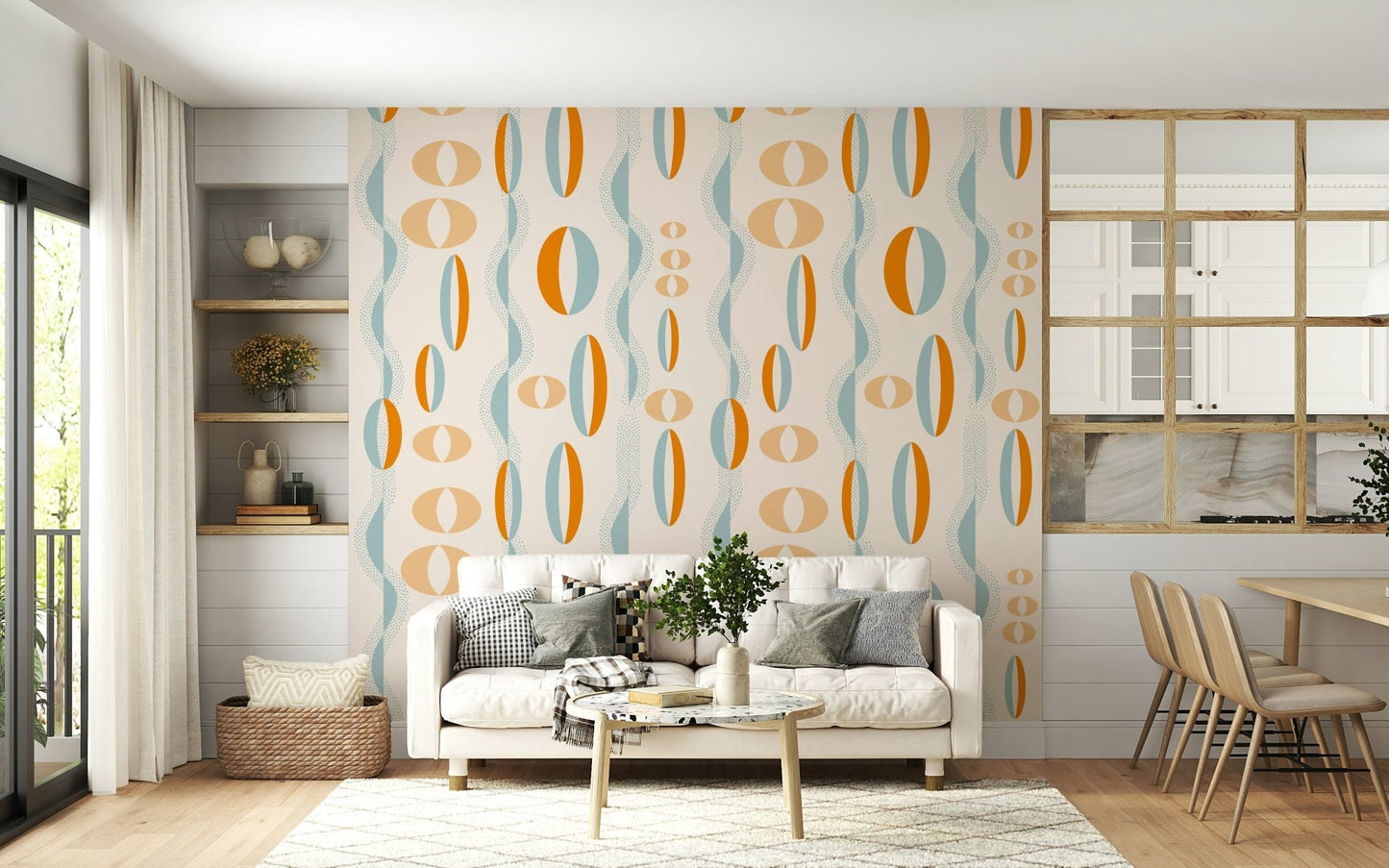 Jubilant wall mural: Luminous orange, blue swish, Atomic Era motif.