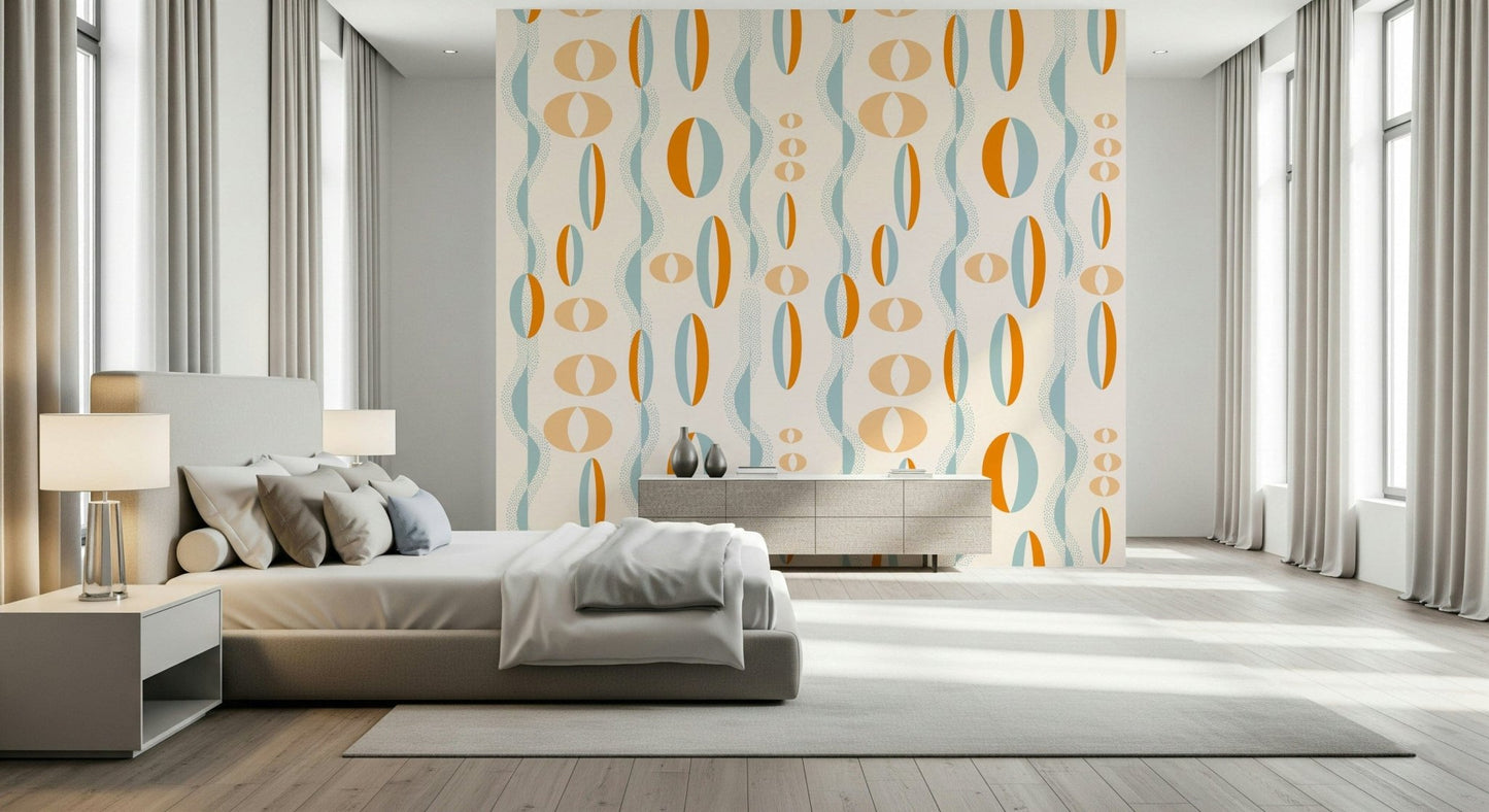 Goofy wall mural Oblique capsules, groovy aqua blue, Atomic Era.