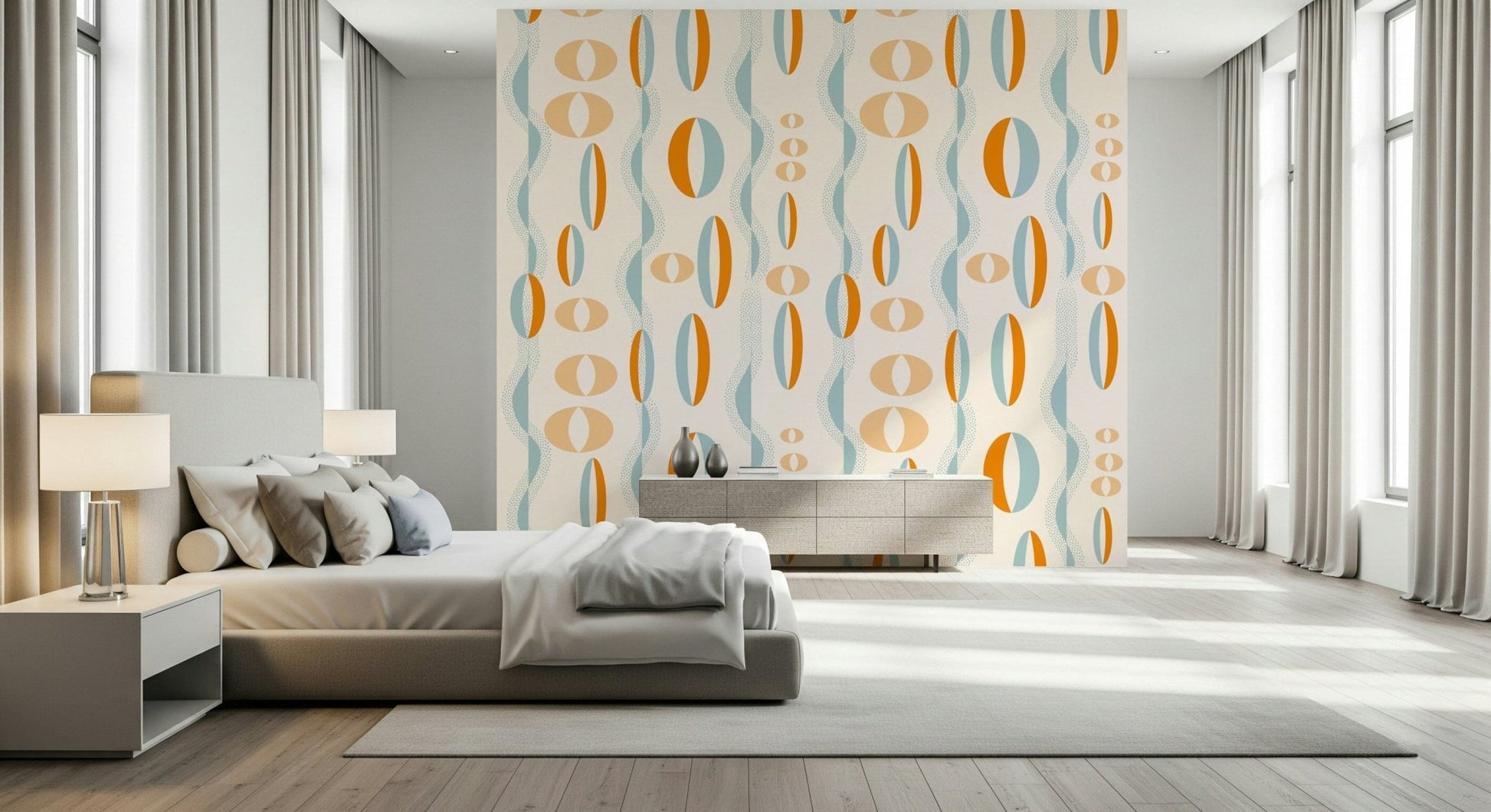Goofy wall mural Oblique capsules, groovy aqua blue, Atomic Era.