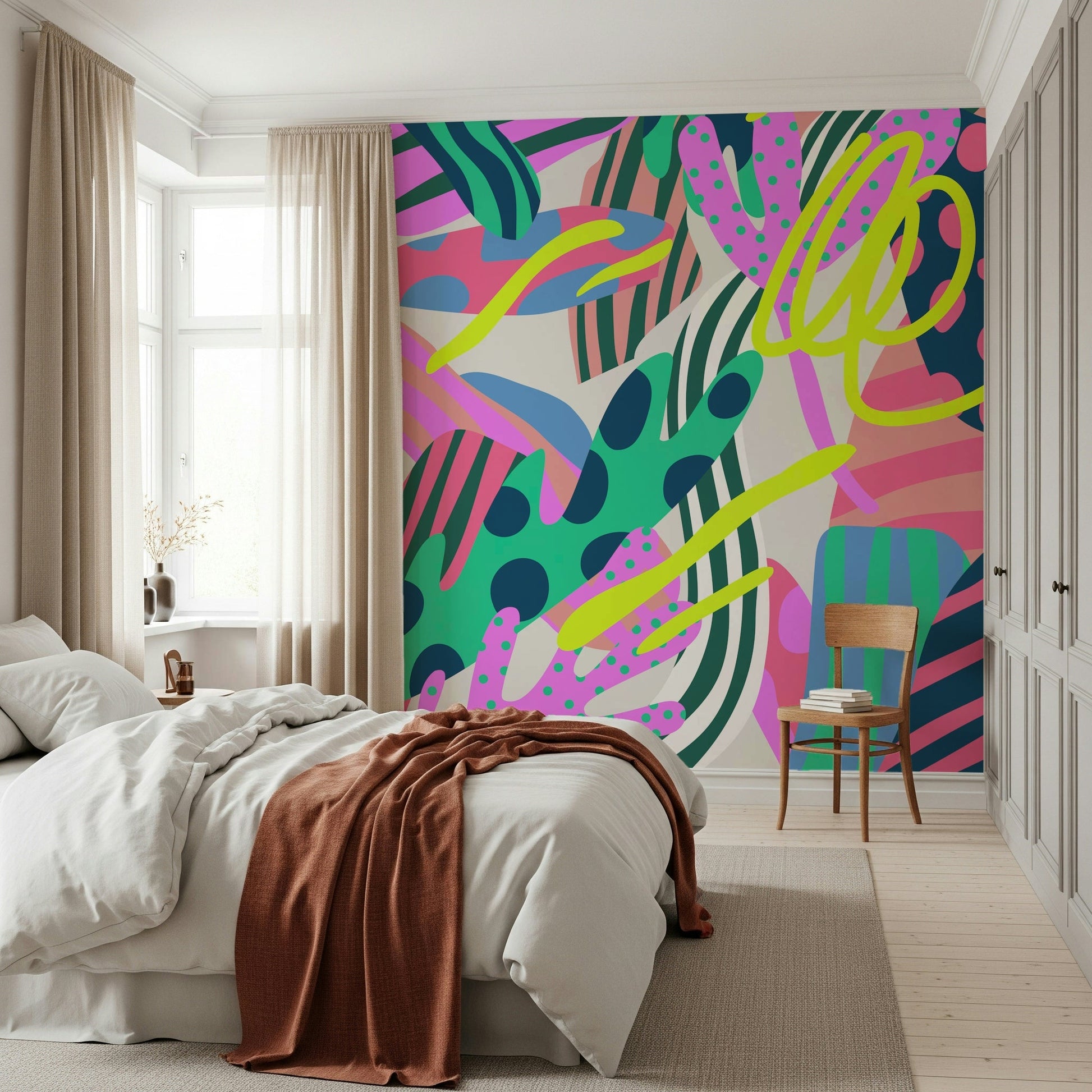 A calming floral design wallpaper mural that defines a space.