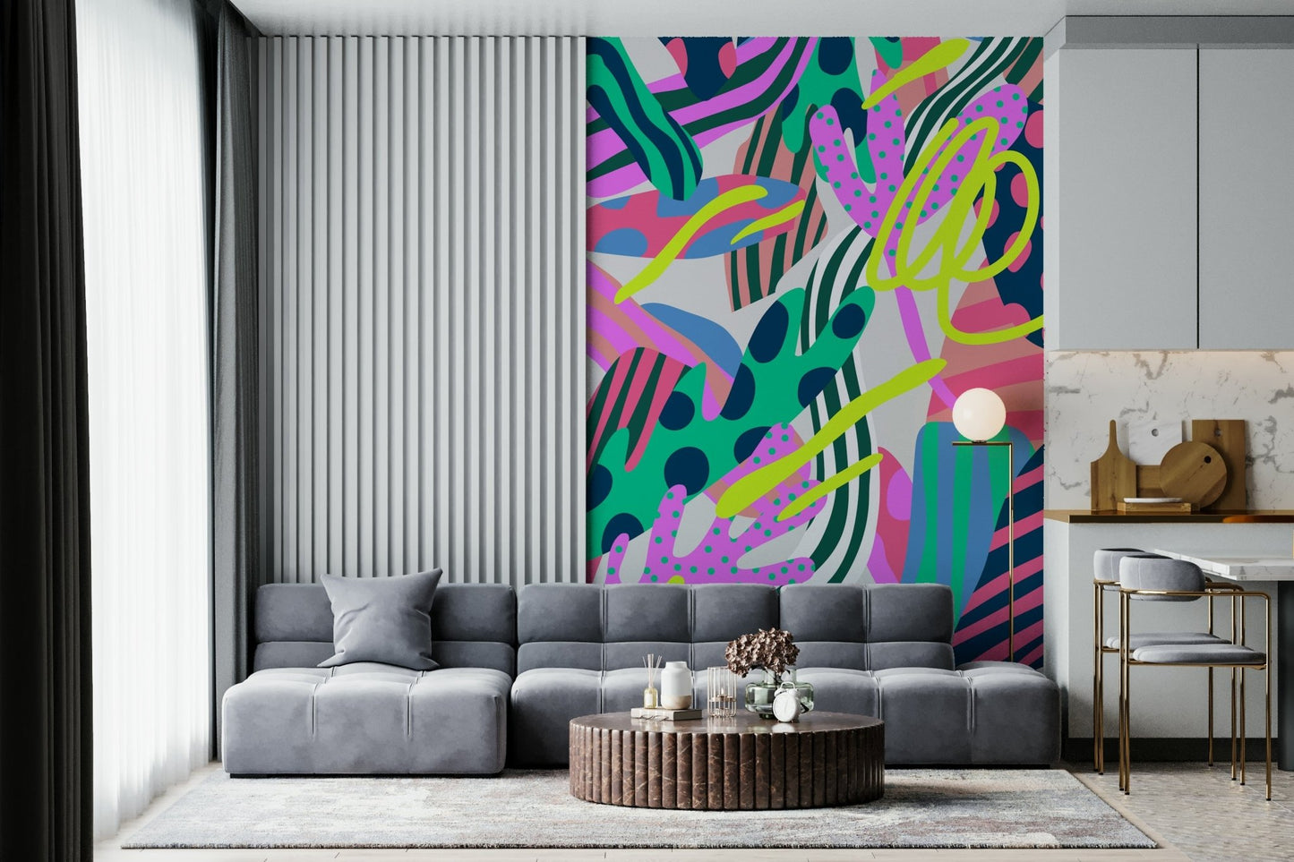 A graceful subtle flower wall mural in bright, retro tones.