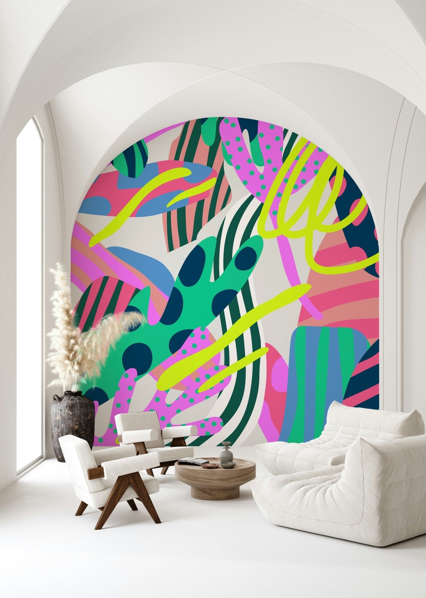 A contemplative floral pattern wallpaper mural for a feature wall.