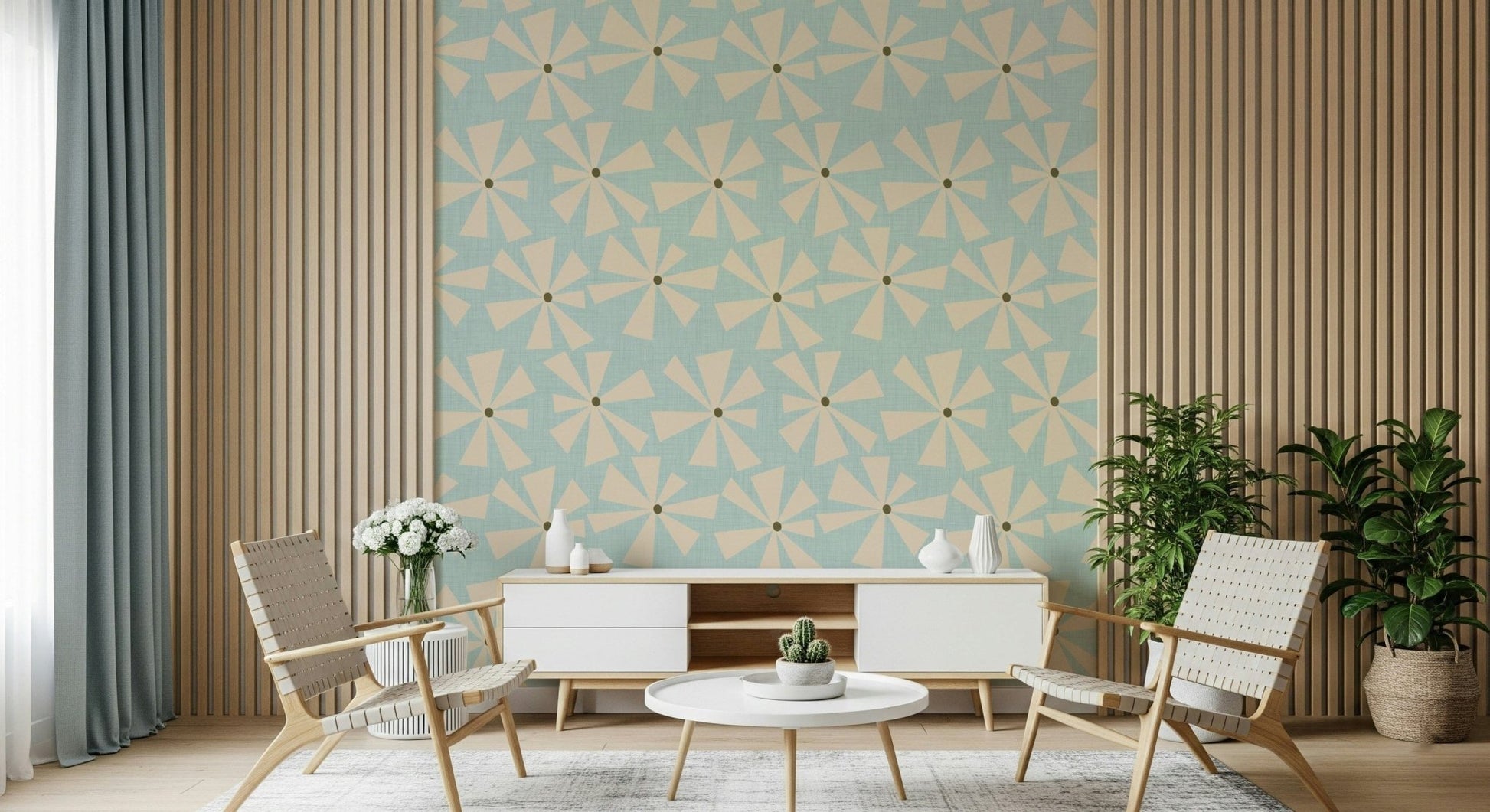 Whimsical 'Atomic Petals Wallpaper' in aquamarine and cream.