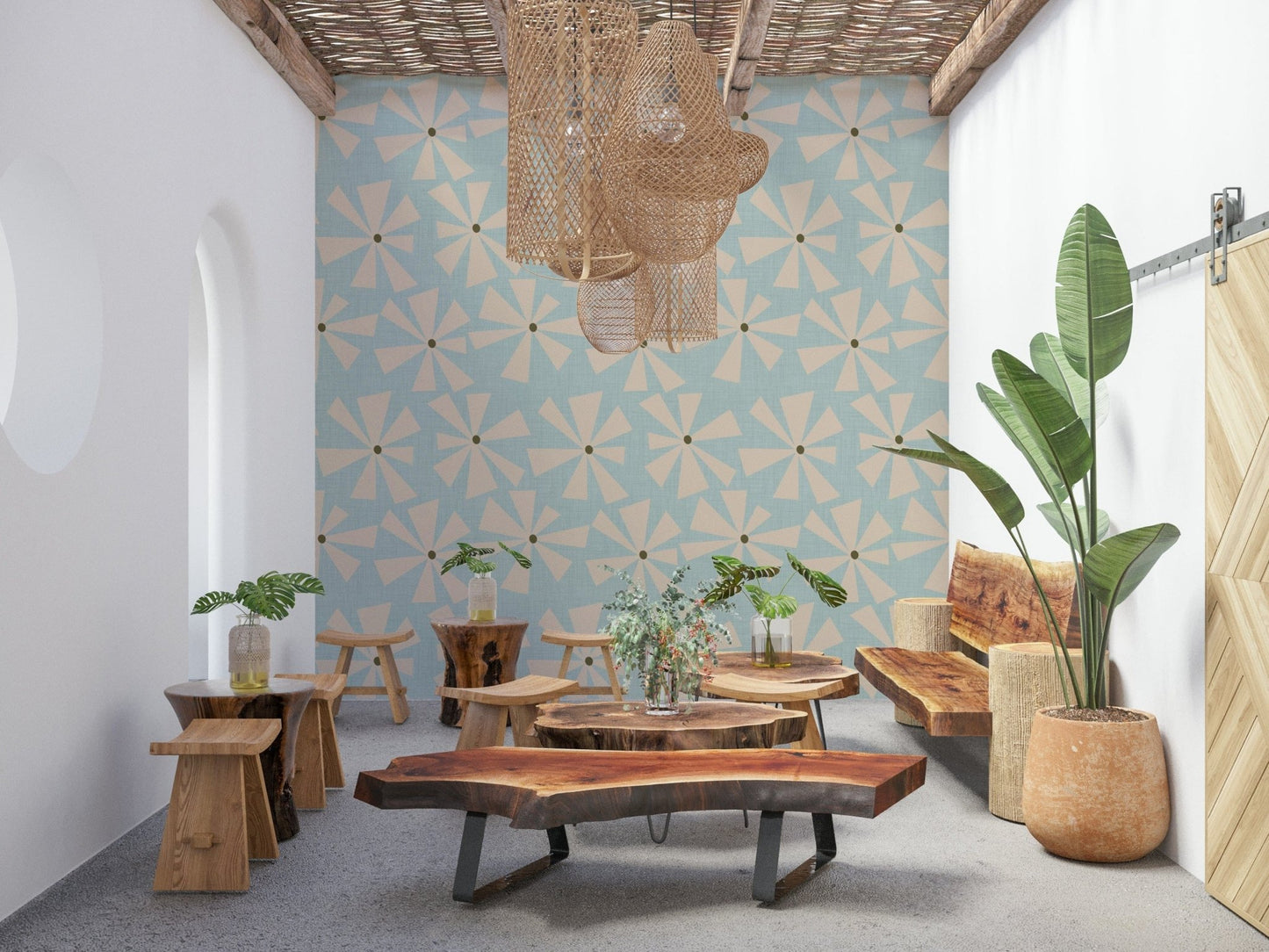 Quirky beige petal geometry in the 'Atomic Petals' wall mural.