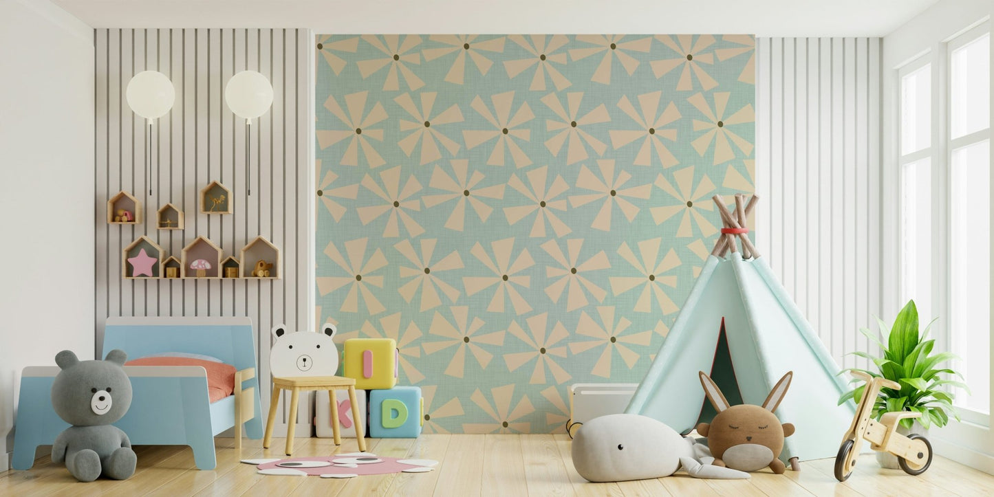 A languid Atomic Petals wall mural in a pale blue texture.